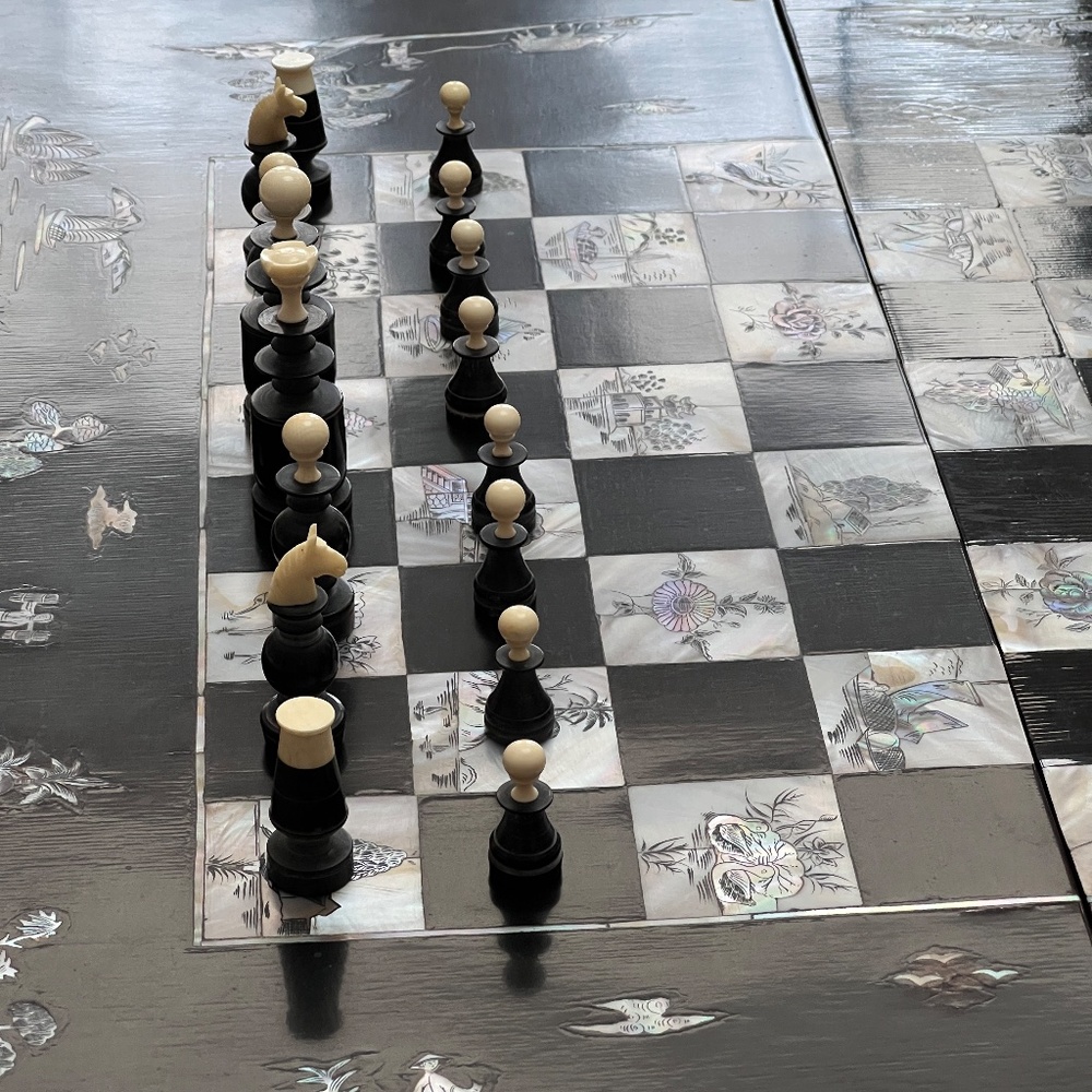 Vintage 1960s Horn Chess & Backgammon Set Large Mother of Pearl Inlaid Board - Picture 1 of 16